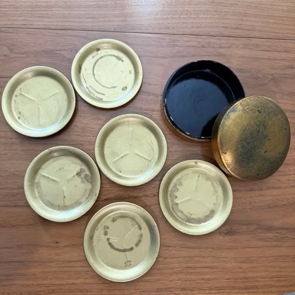 Coaster Set of 6 Gold Tone Metal Aged Patina Black Lacquer Round Wood Box Japan